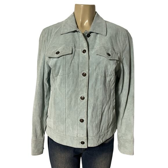 Terry Lewis Women's Suede Jacket Button Pockets Powder Blue Size Medium - Picture 2 of 15